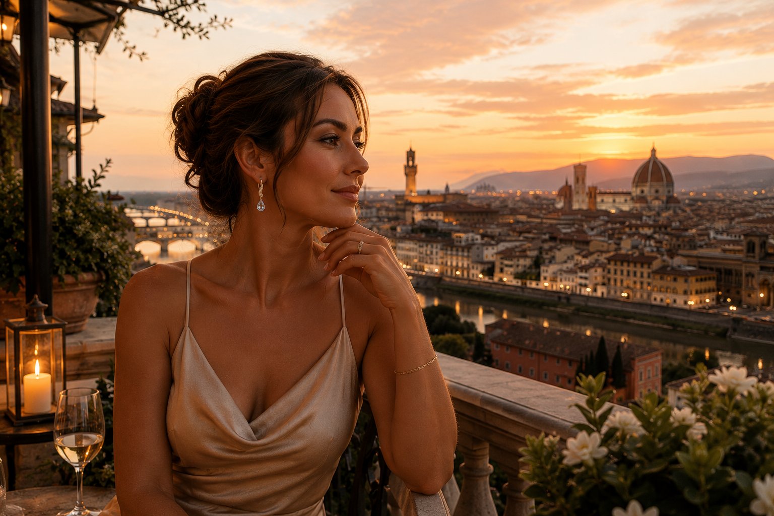 Donna con Orecchini Amelie con vista su Firenze al tramonto